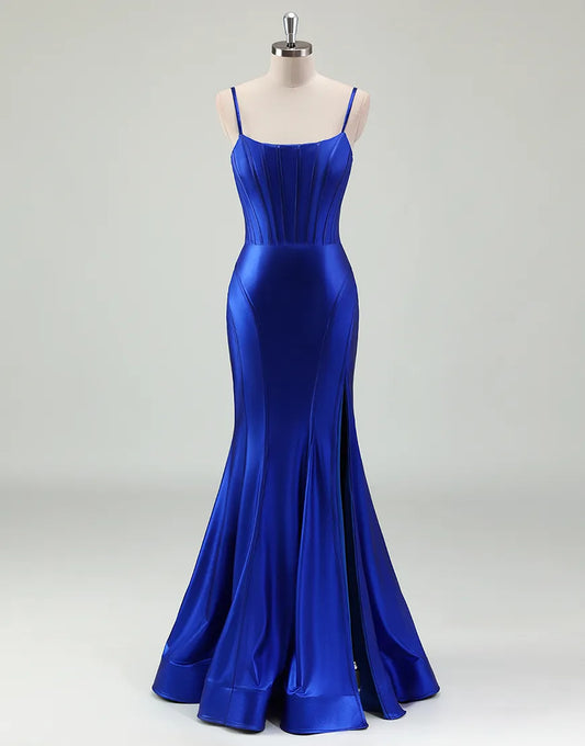 QIAIWAN Mermaid Sleeveless Tight Satin Ball Dress