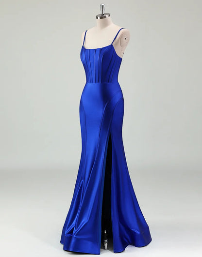 QIAIWAN Mermaid Sleeveless Tight Satin Ball Dress