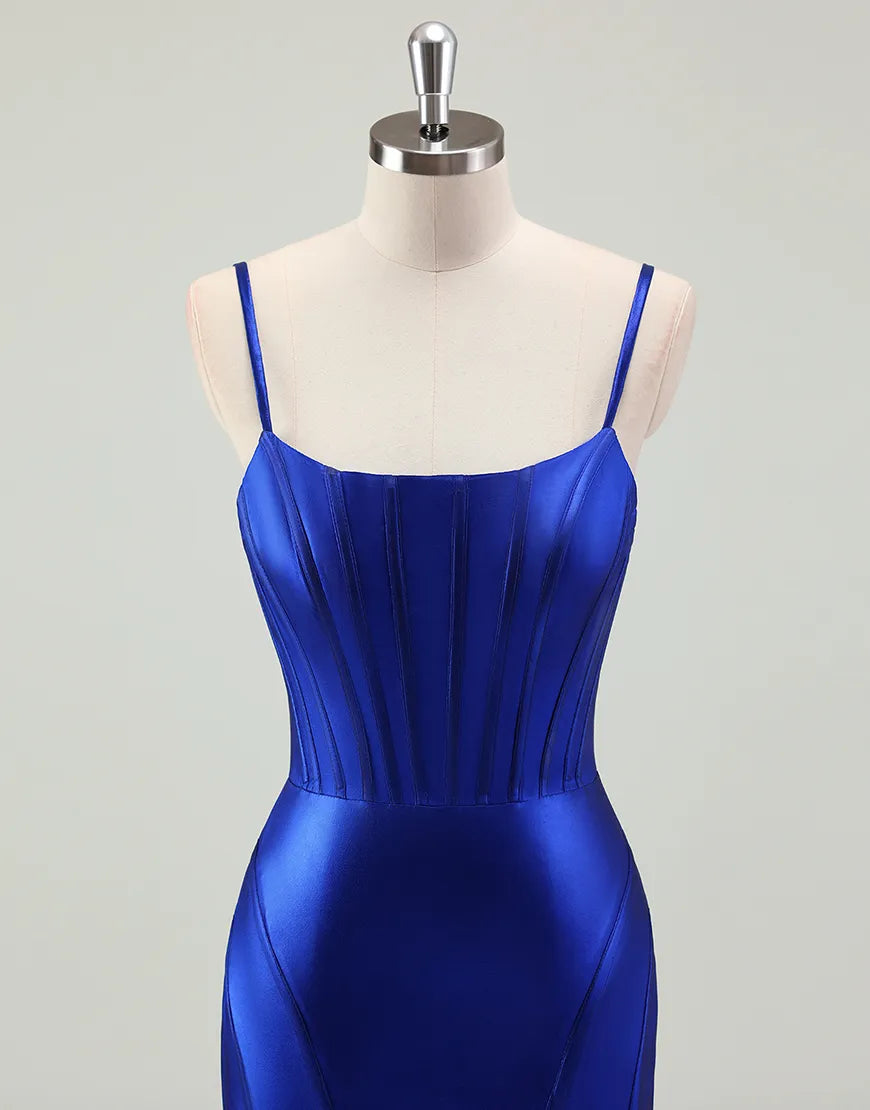 QIAIWAN Mermaid Sleeveless Tight Satin Ball Dress