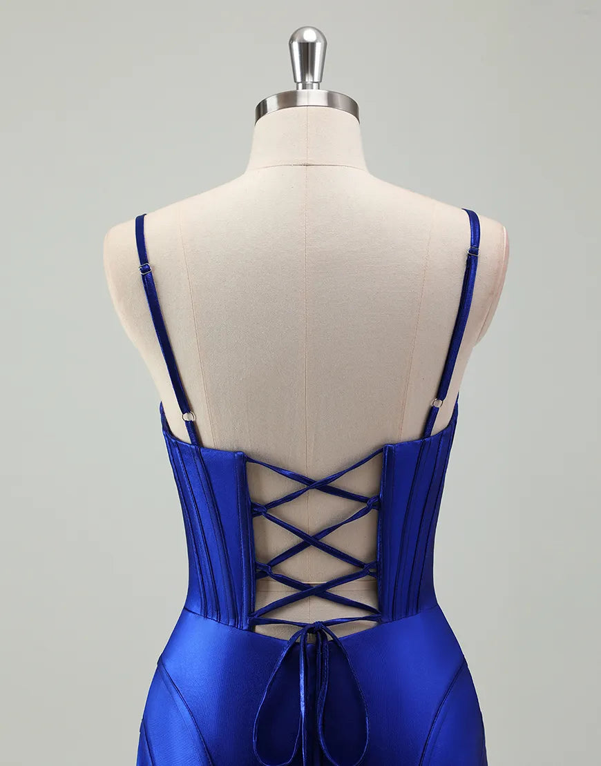 QIAIWAN Mermaid Sleeveless Tight Satin Ball Dress