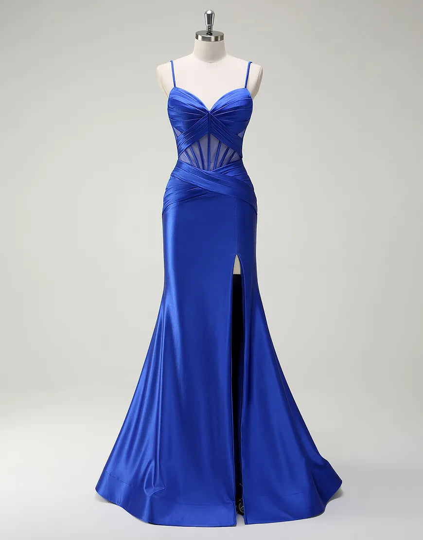 QIAIWAN Elegant Mermaid Satin Thin Strap Sleeveless V-neck Ball Dress