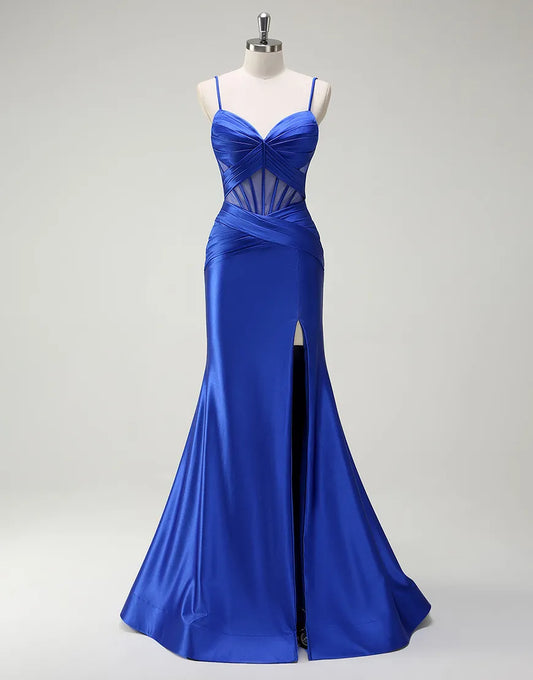 QIAIWAN Elegant Mermaid Satin Thin Strap Sleeveless V-neck Ball Dress