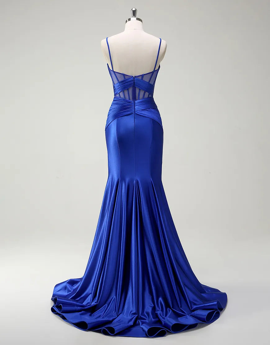 QIAIWAN Elegant Mermaid Satin Thin Strap Sleeveless V-neck Ball Dress