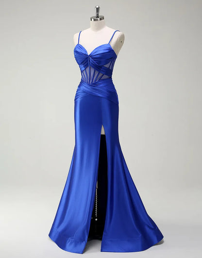 QIAIWAN Elegant Mermaid Satin Thin Strap Sleeveless V-neck Ball Dress