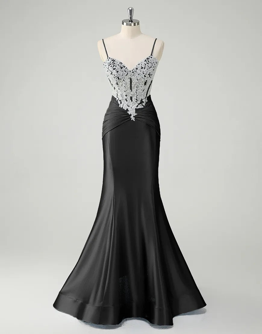 QIAIWAN Elegant Mermaid Plaque Thin Strap Sleeveless V-neck Ball Dress