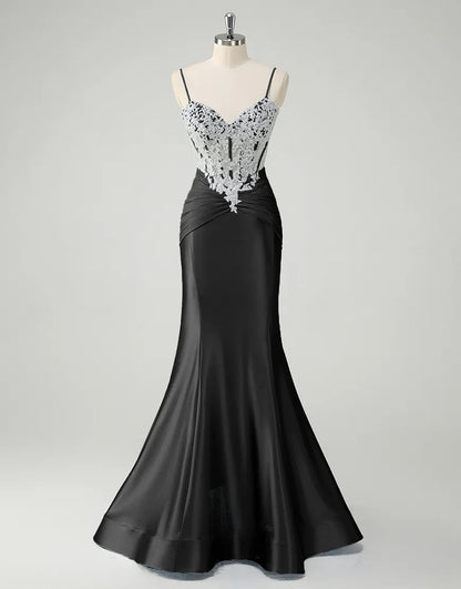 QIAIWAN Elegant Mermaid Plaque Thin Strap Sleeveless V-neck Ball Dress