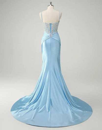 QIAIWAN Elegant Mermaid Plaque Thin Strap Sleeveless V-neck Ball Dress