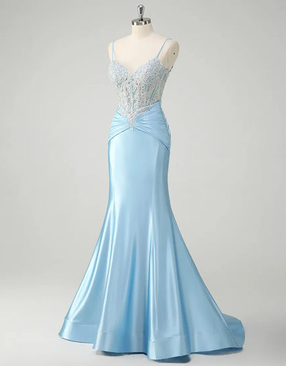 QIAIWAN Elegant Mermaid Plaque Thin Strap Sleeveless V-neck Ball Dress