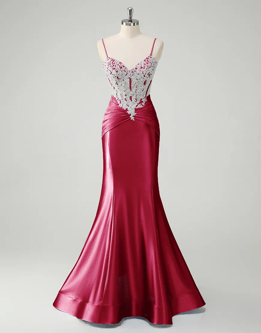 QIAIWAN Elegant Mermaid Plaque Thin Strap Sleeveless V-neck Ball Dress