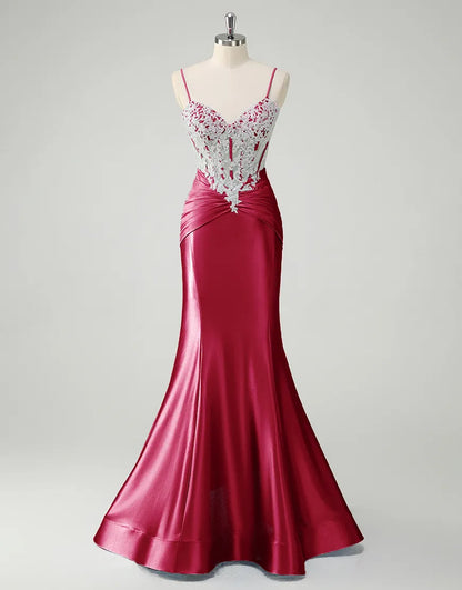 QIAIWAN Elegant Mermaid Plaque Thin Strap Sleeveless V-neck Ball Dress