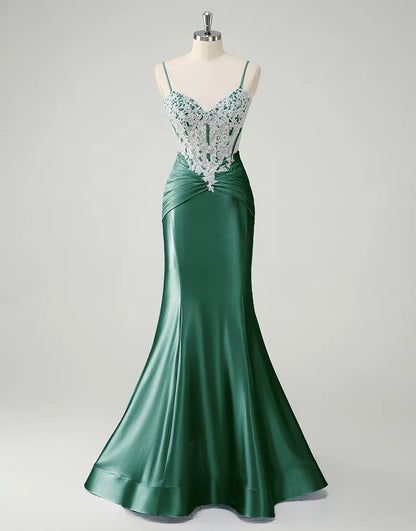 QIAIWAN Elegant Mermaid Plaque Thin Strap Sleeveless V-neck Ball Dress