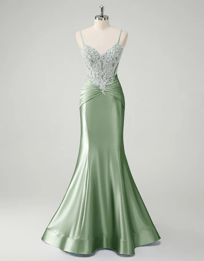 QIAIWAN Elegant Mermaid Plaque Thin Strap Sleeveless V-neck Ball Dress