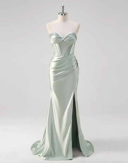 QIAIWAN mermaid off shoulder tight pleated satin ball dress