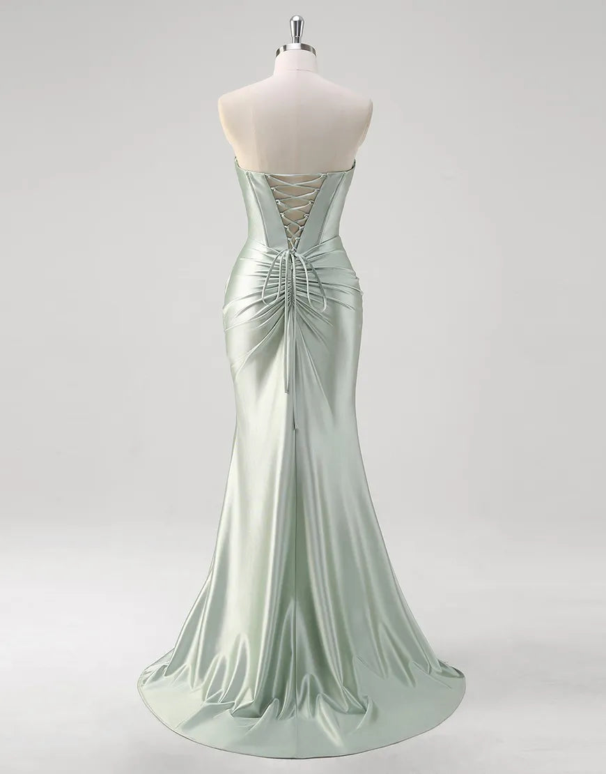 QIAIWAN mermaid off shoulder tight pleated satin ball dress