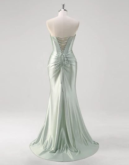 QIAIWAN mermaid off shoulder tight pleated satin ball dress