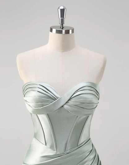 QIAIWAN mermaid off shoulder tight pleated satin ball dress