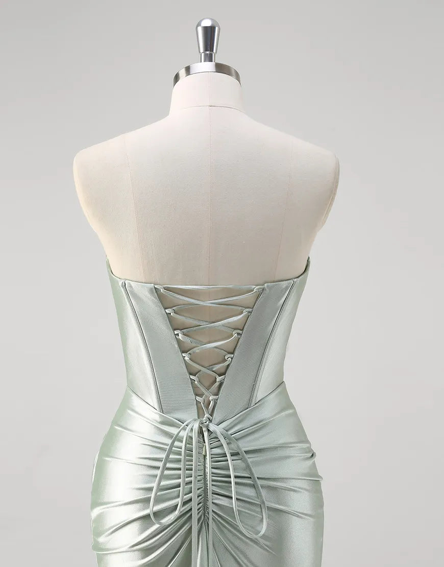 QIAIWAN mermaid off shoulder tight pleated satin ball dress