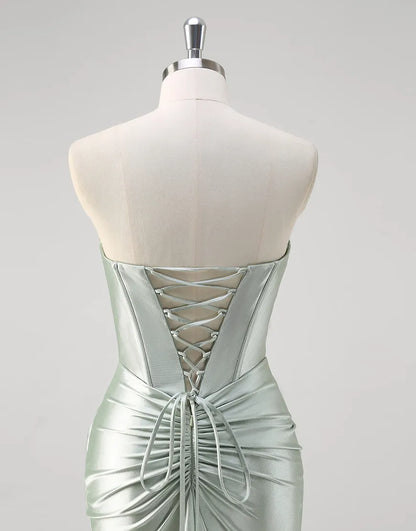 QIAIWAN mermaid off shoulder tight pleated satin ball dress