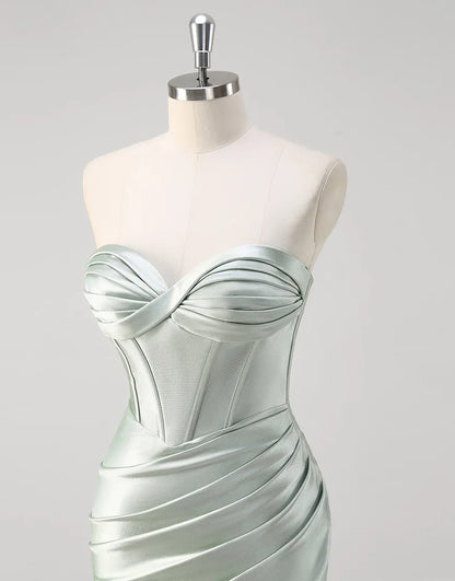 QIAIWAN mermaid off shoulder tight pleated satin ball dress