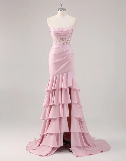 QIAIWAN elegant mermaid strapless ruffle edge applique tight ball dress