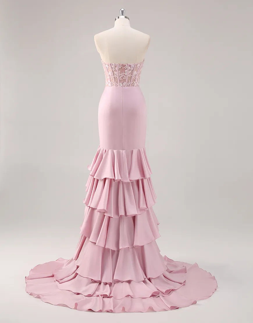 QIAIWAN elegant mermaid strapless ruffle edge applique tight ball dress