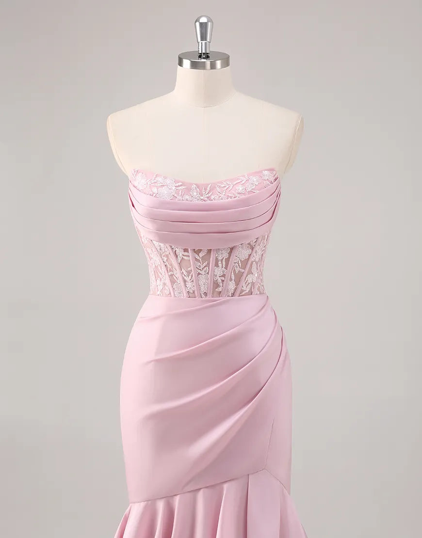 QIAIWAN elegant mermaid strapless ruffle edge applique tight ball dress