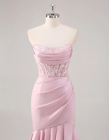 QIAIWAN elegant mermaid strapless ruffle edge applique tight ball dress