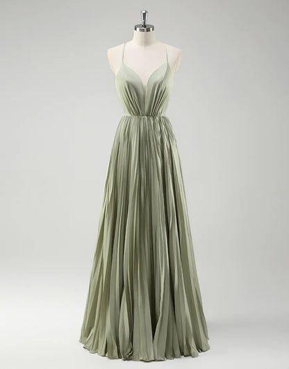 QIAIWAN elegant slim shoulder V-neck sleeveless A-line pleated ball gown