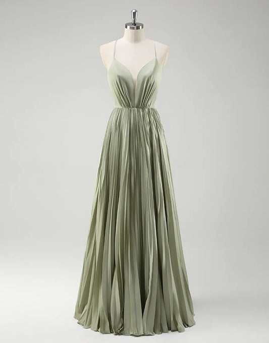 QIAIWAN elegant slim shoulder V-neck sleeveless A-line pleated ball gown