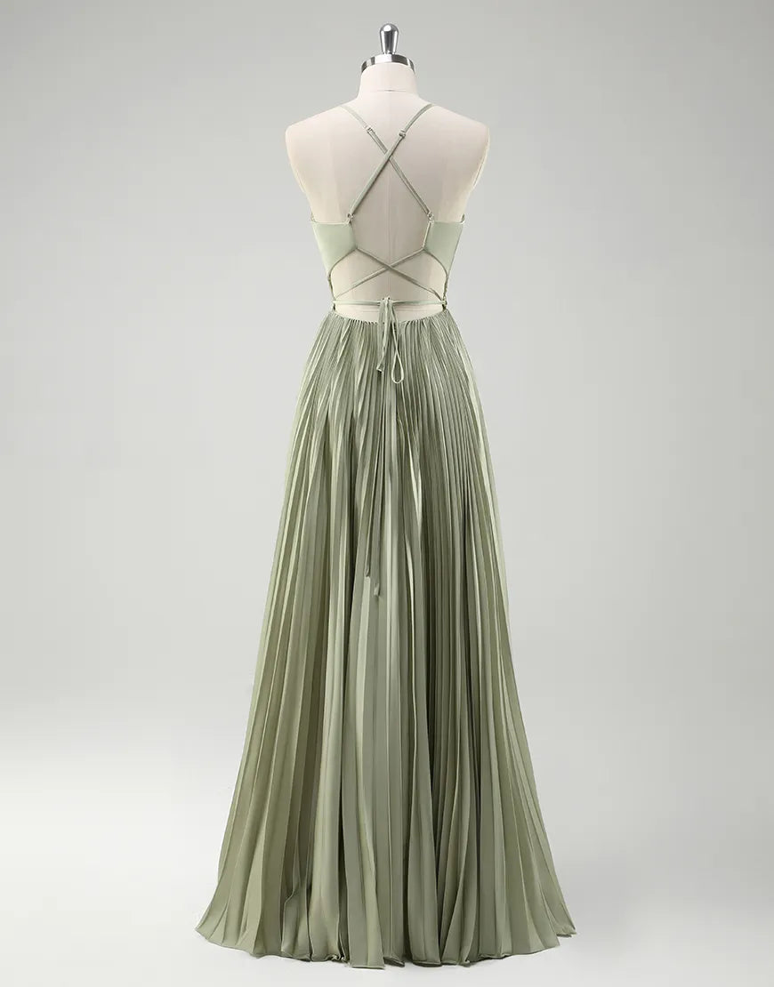 QIAIWAN elegant slim shoulder V-neck sleeveless A-line pleated ball gown