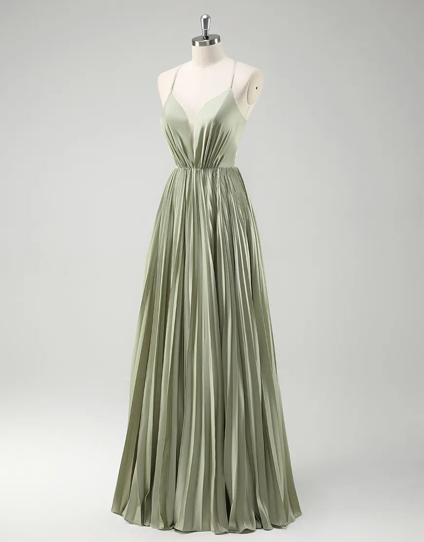 QIAIWAN elegant slim shoulder V-neck sleeveless A-line pleated ball gown