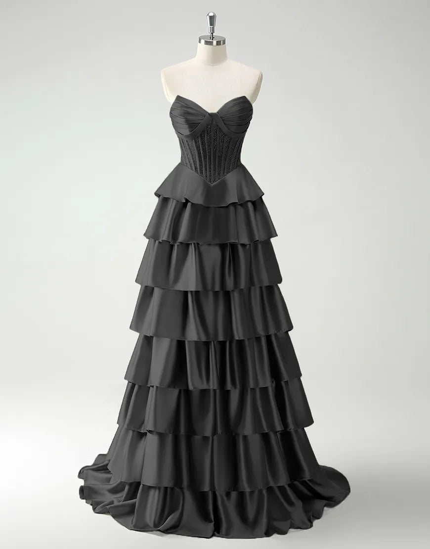 QIAIWAN elegant A-line strapless sequined tight satin ruffled ball gown