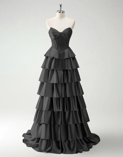 QIAIWAN elegant A-line strapless sequined tight satin ruffled ball gown