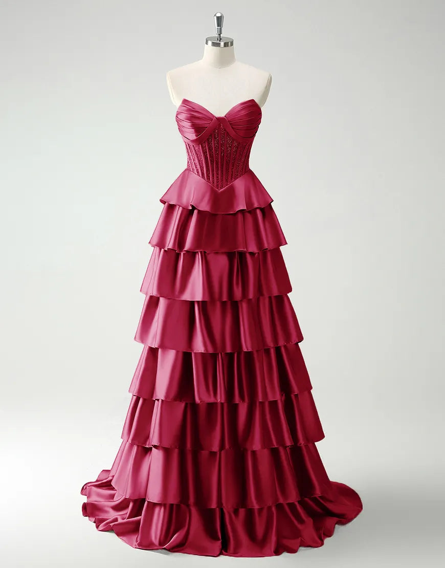 QIAIWAN elegant A-line strapless sequined tight satin ruffled ball gown