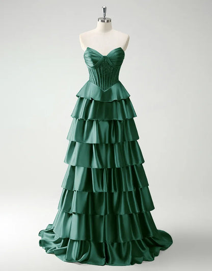 QIAIWAN elegant A-line strapless sequined tight satin ruffled ball gown