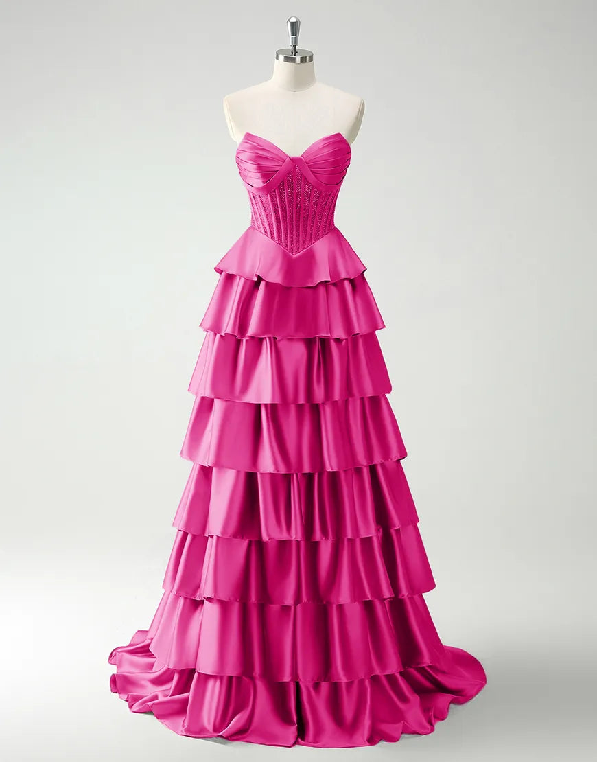 QIAIWAN elegant A-line strapless sequined tight satin ruffled ball gown