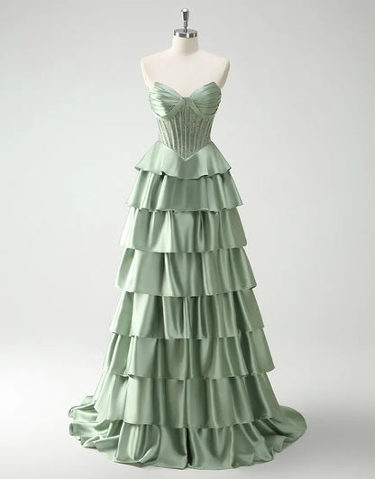 QIAIWAN elegant A-line strapless sequined tight satin ruffled ball gown