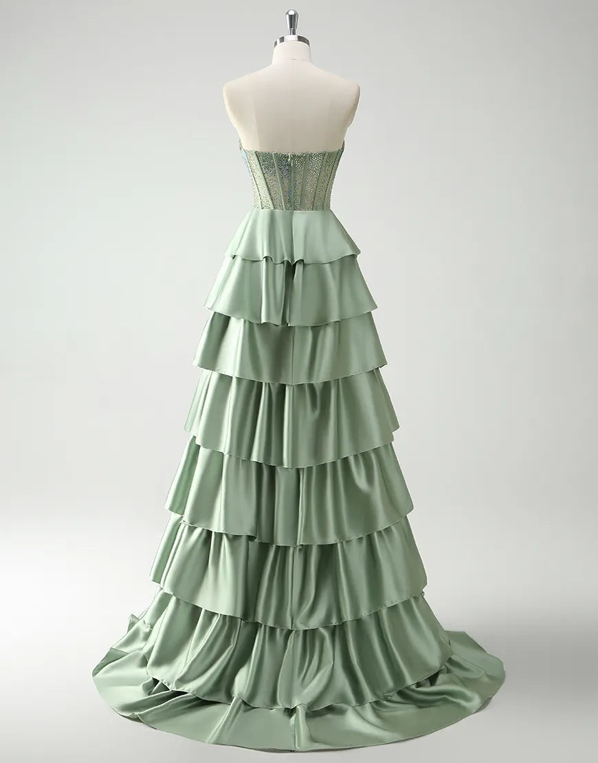 QIAIWAN elegant A-line strapless sequined tight satin ruffled ball gown