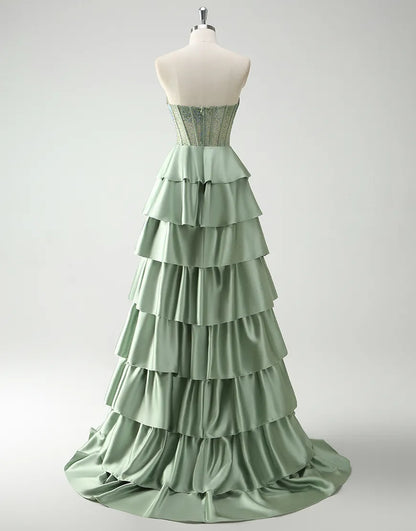 QIAIWAN elegant A-line strapless sequined tight satin ruffled ball gown