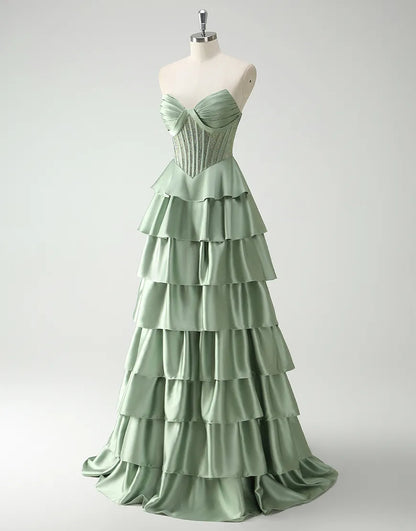 QIAIWAN elegant A-line strapless sequined tight satin ruffled ball gown