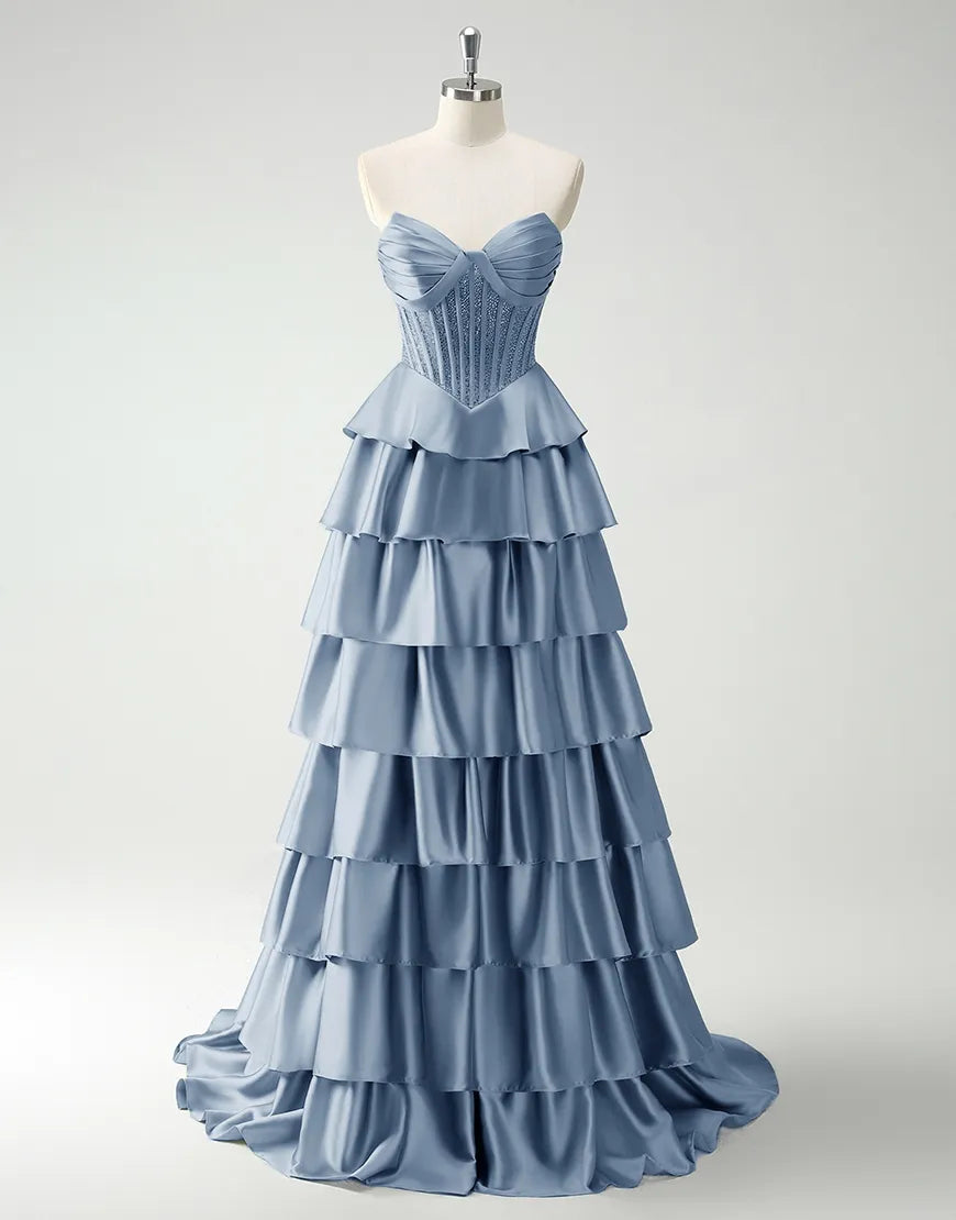 QIAIWAN elegant A-line strapless sequined tight satin ruffled ball gown