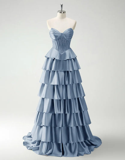 QIAIWAN elegant A-line strapless sequined tight satin ruffled ball gown