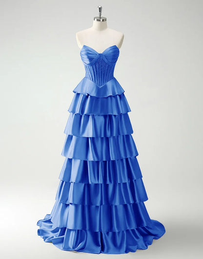 QIAIWAN elegant A-line strapless sequined tight satin ruffled ball gown