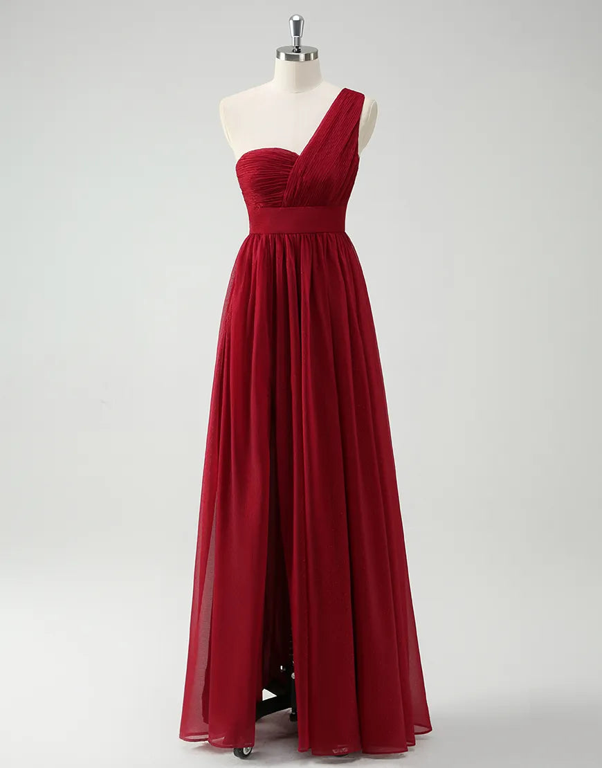 QIAIWAN's charming one shoulder sleeveless A-line pleated ball gown