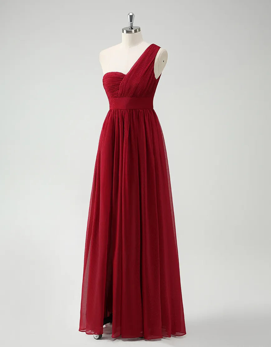 QIAIWAN's charming one shoulder sleeveless A-line pleated ball gown