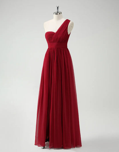 QIAIWAN's charming one shoulder sleeveless A-line pleated ball gown