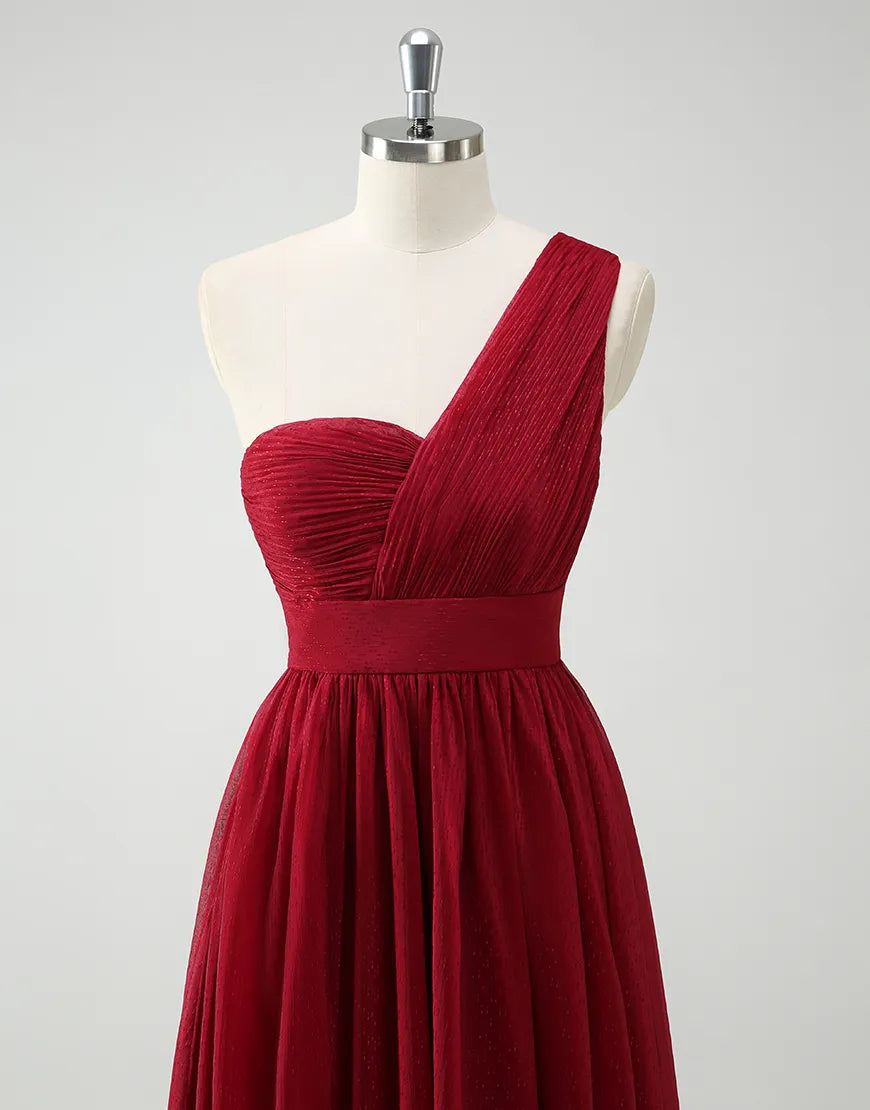 QIAIWAN's charming one shoulder sleeveless A-line pleated ball gown