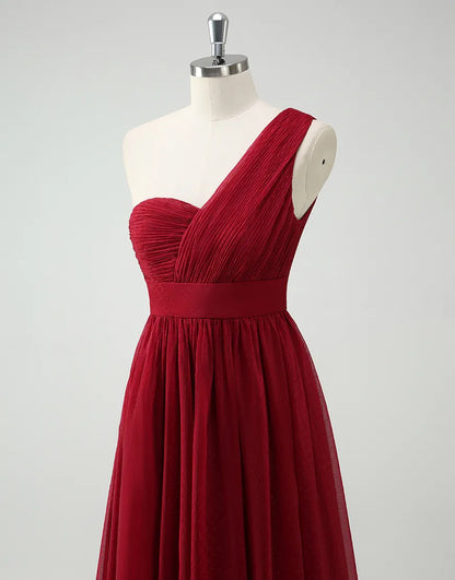 QIAIWAN's charming one shoulder sleeveless A-line pleated ball gown