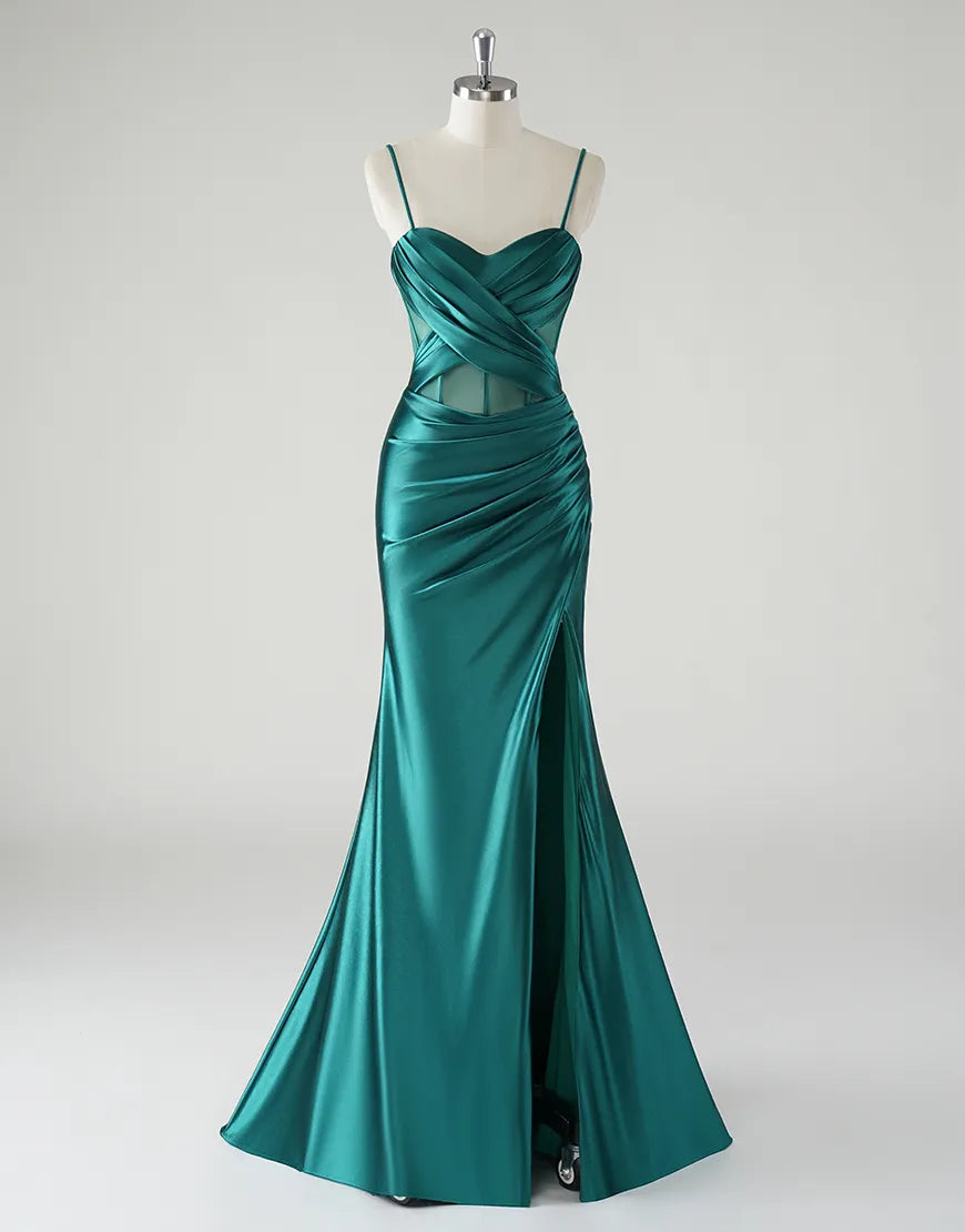 QIAIWAN elegant mermaid pleated slim shoulder sleeveless satin ball gown