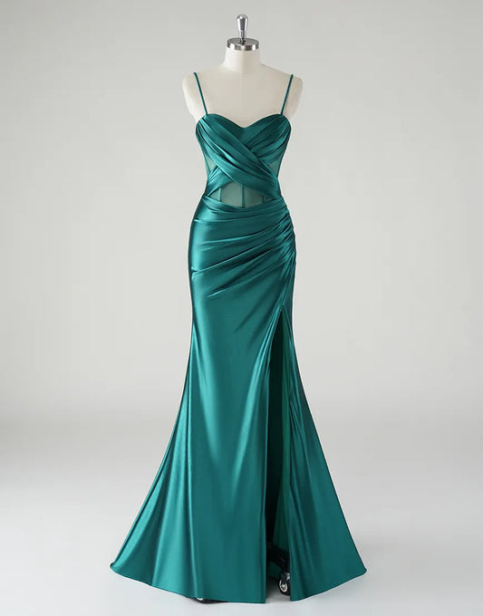 QIAIWAN elegant mermaid pleated slim shoulder sleeveless satin ball gown